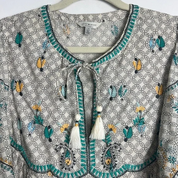 Lucky Brand Large Evelyn Embroidered Peasant Bohemian Tassel Balloon Sleeve Top - Picture 6 of 12